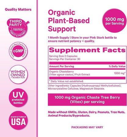 Pink Stork Organic Vitex, 1000 mg, 60 Vegan Capsules | Chaste Tree Berry, Plant-Based Support, Perimenopause & Hormonal Harmony, Supports Cycle Regularity & Hormone Balance