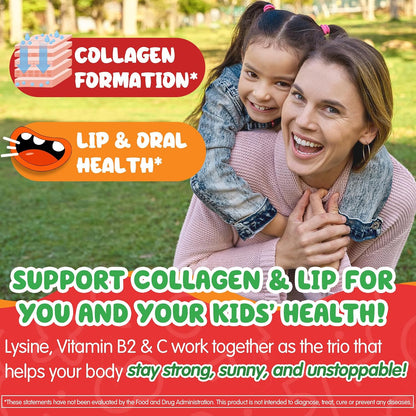 L-Lysine Gummies 500/1000mg with Algae Omega 3, Vitamin B2, D3, K2, C for Kids 9+, Teen & Adult, Lysine Supplement Support Immune, Lip & Oral, Collagen Production, Brain, Bone Health, Sugar Free 1Pack