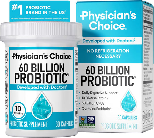 Physician's CHOICE Probiotics 60 Billion CFU - 10 Strains + Organic Prebiotics - Immune, Digestive & Gut Health - Supports Occasional Constipation, Diarrhea, Gas & Bloating - for Women & Men - 30ct