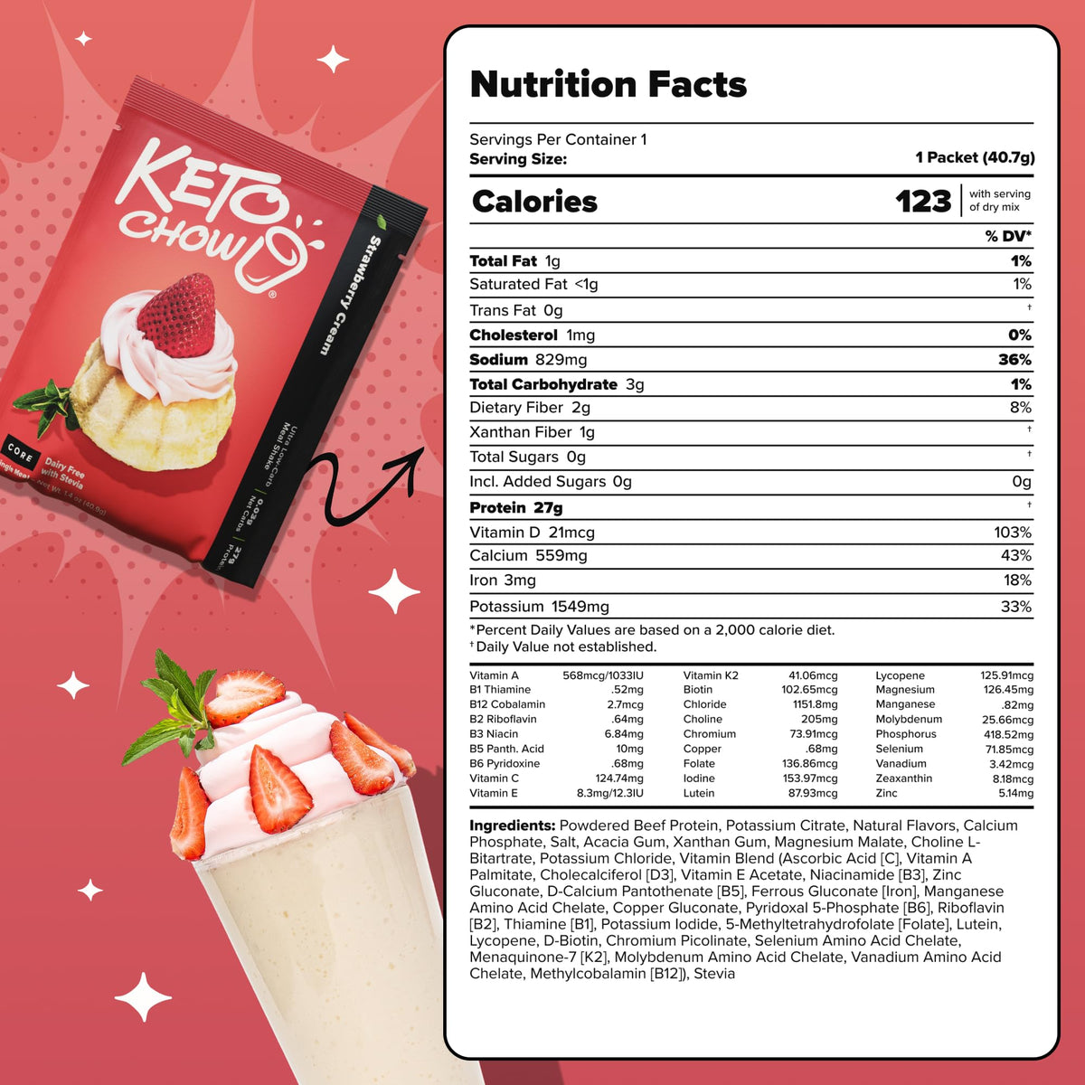 Keto Chow Chocolate CORE with Stevia Meal Replacement Shake Powder, 1 Meal