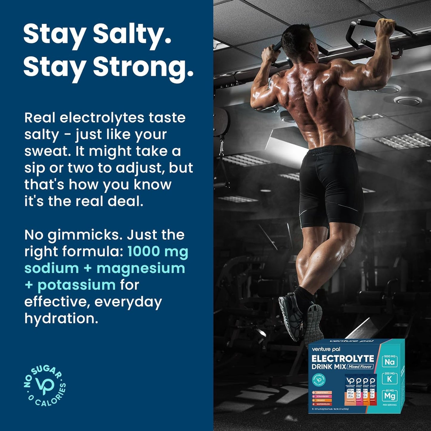 Venture Pal High Sodium Sugar Free Electrolytes Powder Packet, 16 Sticks | Hydration Packets with Vitamin, Sodium & Potassium, Zero Calories, Vegan, Keto & Paleo Friendly Electrolyte Drink Mix