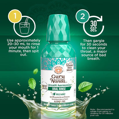 GuruNanda Fresh Breath Mouthwash – 12-Hour Fresh Breath & Helps Fight Bad Breath – ADA Accepted, Alcohol & Fluoride-Free Oral Rinse, Wild Mint - 16 oz, Pack of 2