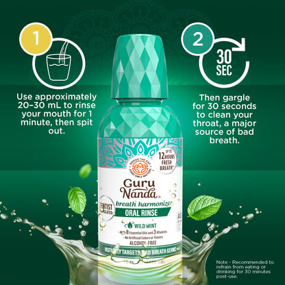 GuruNanda Fresh Breath Mouthwash – 12-Hour Fresh Breath & Helps Fight Bad Breath – ADA Accepted, Alcohol & Fluoride-Free Oral Rinse, Wild Mint - 16 oz, Pack of 2
