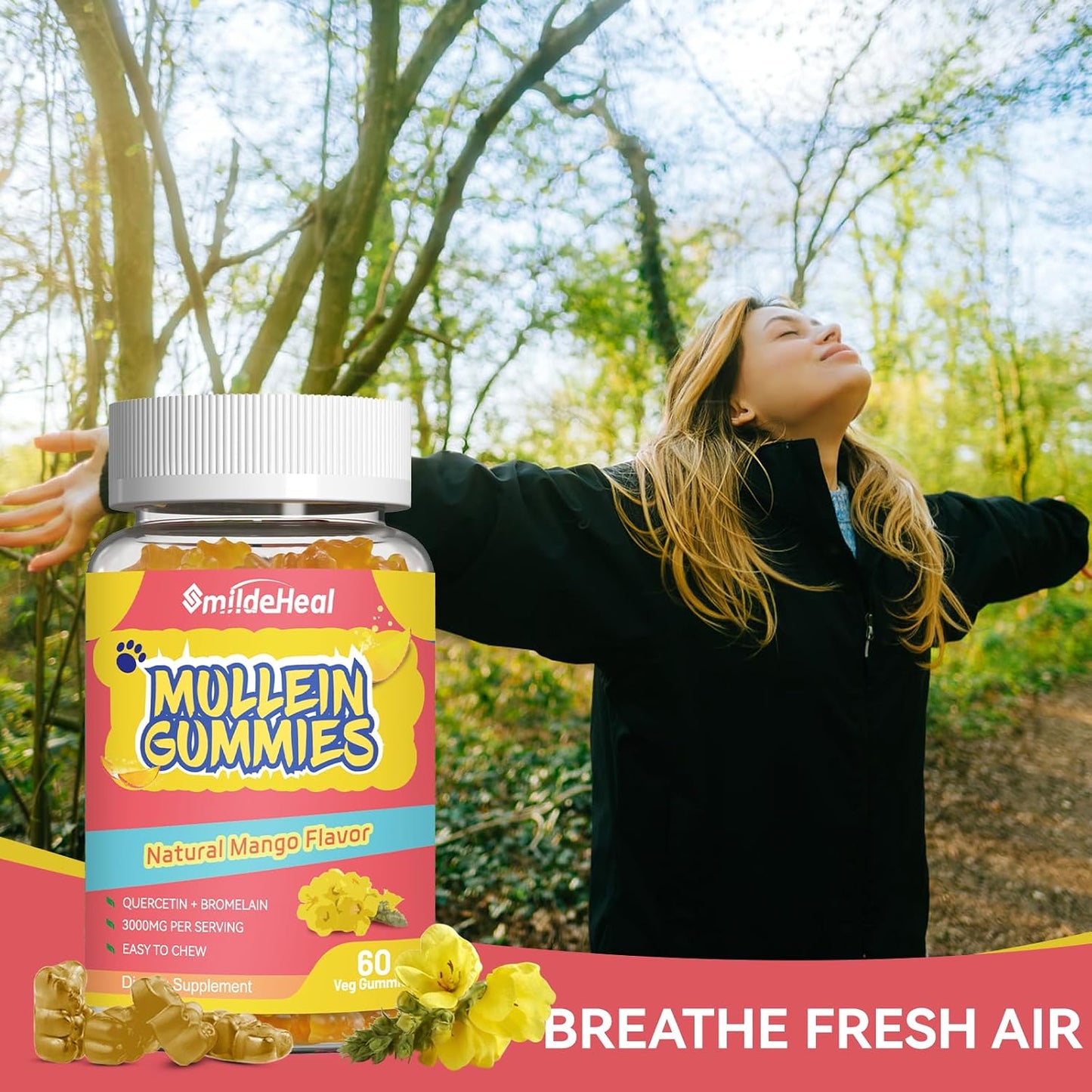 3000MG Mullein Gummies, Mullein Leaf Extract for Lungs, 60 Count | Sugar Free Mullein Gummies with Bromelain & Quercetin, Vegan