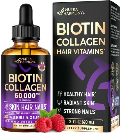 Liquid Biotin & Collagen 60,000 mcg - Vitamins for Hair Growth Support - Extra Strength Drops for Women & Men - Liquid Collagen Supplement - Strong Nails & Healthy Skin - Raspberry Flavor, 2 Fl Oz