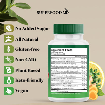 Moringa Supplement | Turmeric, Ginger, Boswellia, Saffron, Holy Basil, Nettle -Support Supplement for Women and Men with Ceylon Cinnamon, Quercetin, Tart Cherry- 240 Capsules