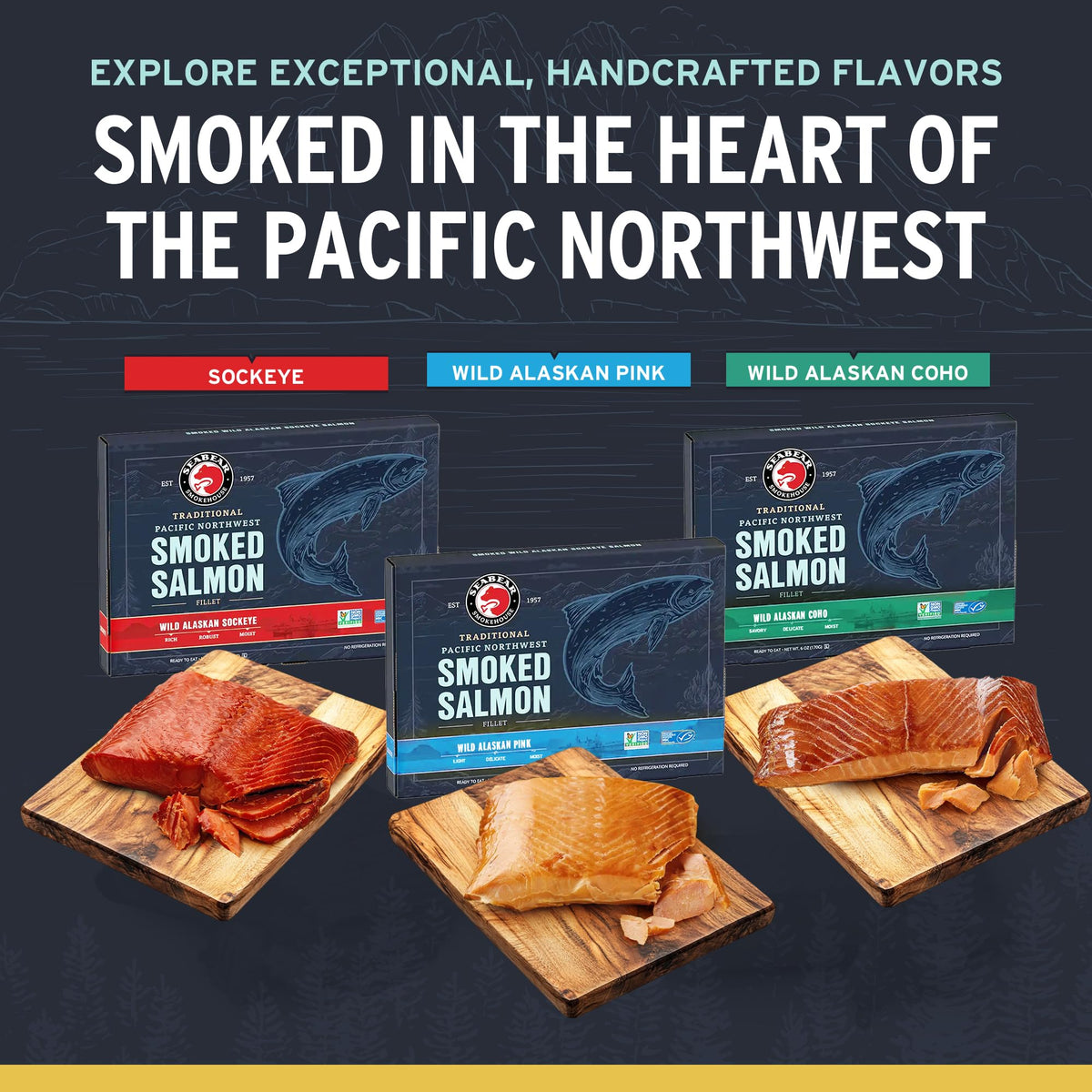 SeaBear Smoked Salmon Trio 18oz (3 x 6oz) Fillets Gift Box – Wild Alaska Sockeye, Wild Pink & Coho Fillets, Shelf Stable, Ready to Eat, 18 Ounce (3 x 6 Ounce) Filets