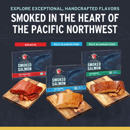 SeaBear Smoked Salmon Trio 18oz (3 x 6oz) Fillets Gift Box – Wild Alaska Sockeye, Wild Pink & Coho Fillets, Shelf Stable, Ready to Eat, 18 Ounce (3 x 6 Ounce) Filets