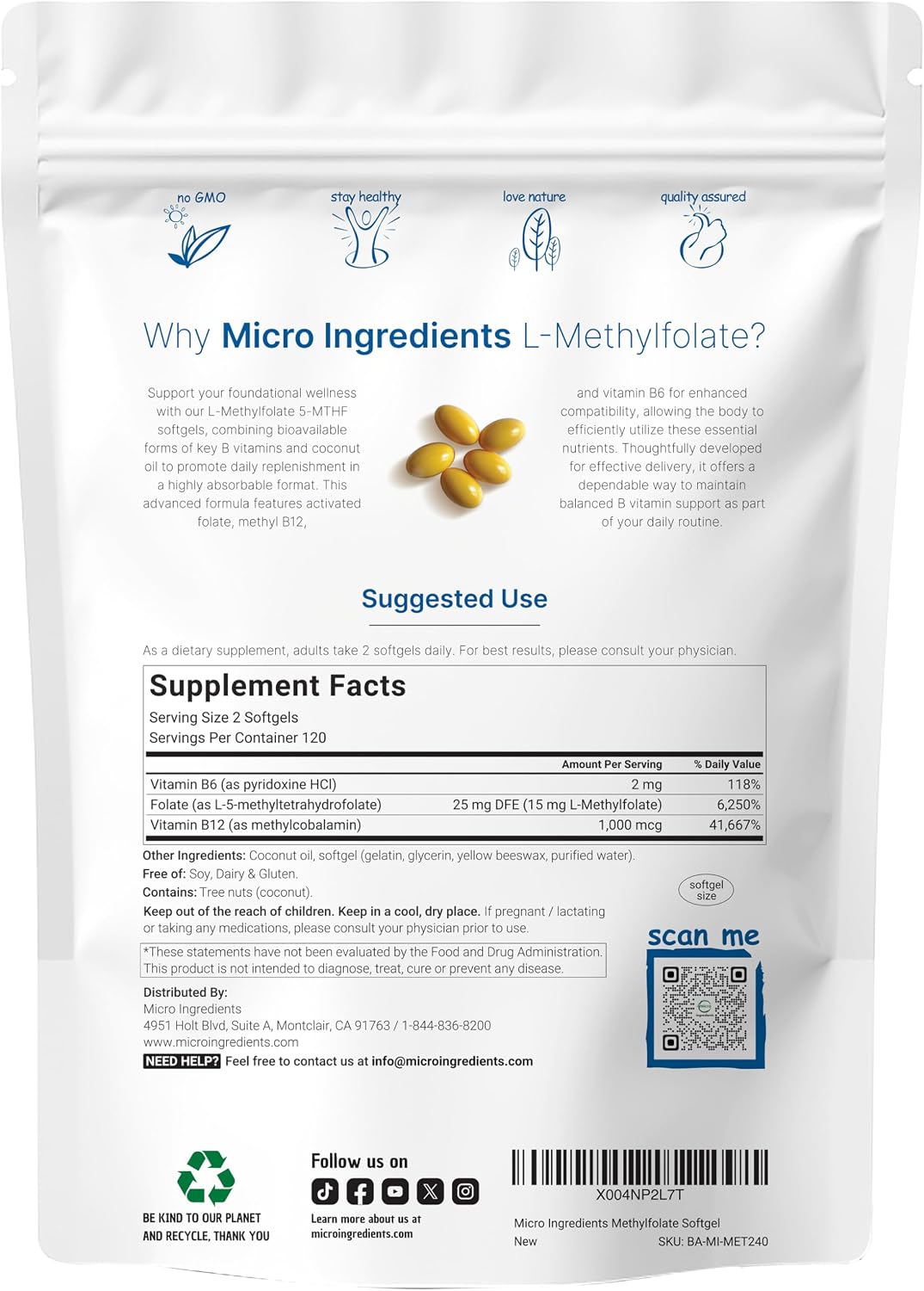 Micro Ingredients L Methylfolate 15mg, 240 Softgels | Active 5-MTHF with B6 & Methyl B12 | Methylated Vitamin B9 with Coconut Oil