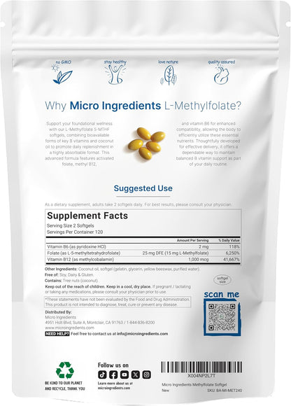 Micro Ingredients L Methylfolate 15mg, 240 Softgels | Active 5-MTHF with B6 & Methyl B12 | Methylated Vitamin B9 with Coconut Oil