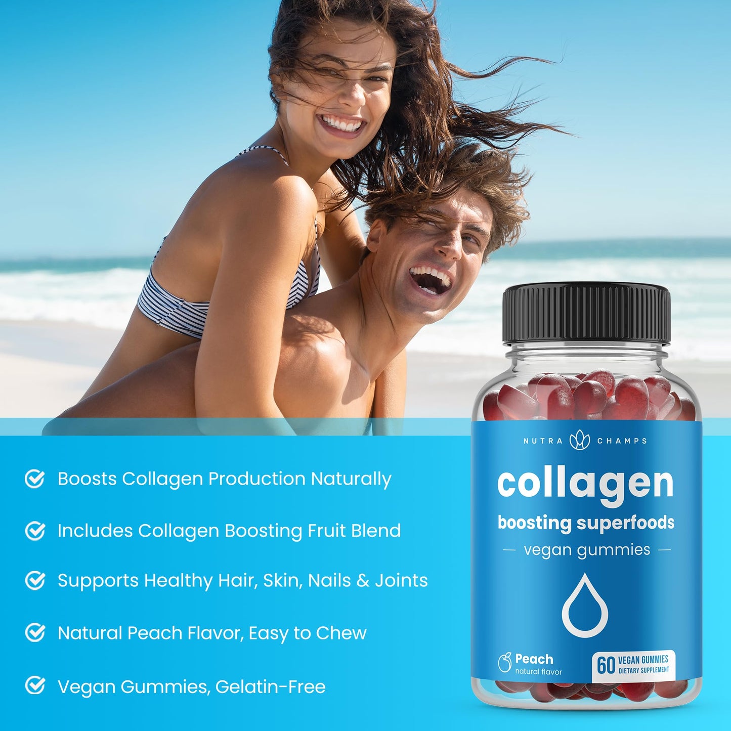 NutraChamps Collagen Boosting Gummies, Collagen Booster Gummy for Natural Collagen Production, Vegan Pectin Supplements Chews for Women & Men, 60 Peach Vitamins Gummies