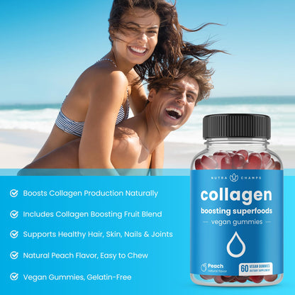 NutraChamps Collagen Boosting Gummies, Collagen Booster Gummy for Natural Collagen Production, Vegan Pectin Supplements Chews for Women & Men, 60 Peach Vitamins Gummies