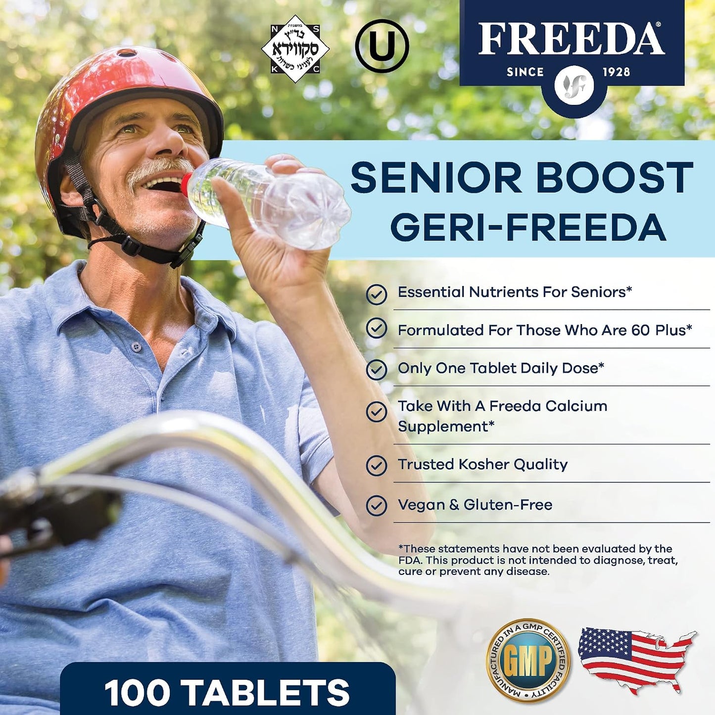 Freeda Senior Multivitamin - Kosher Vitamins for Men & Women 60 and Over - One Daily Coated Tablet - Women’s & Men’s Vitamins Multivitamin 60 Plus - Vitamins for Women Over 60 Plus Elderly (100 Count) | Kosher Senior Multivitamin with Essential Vitamins a