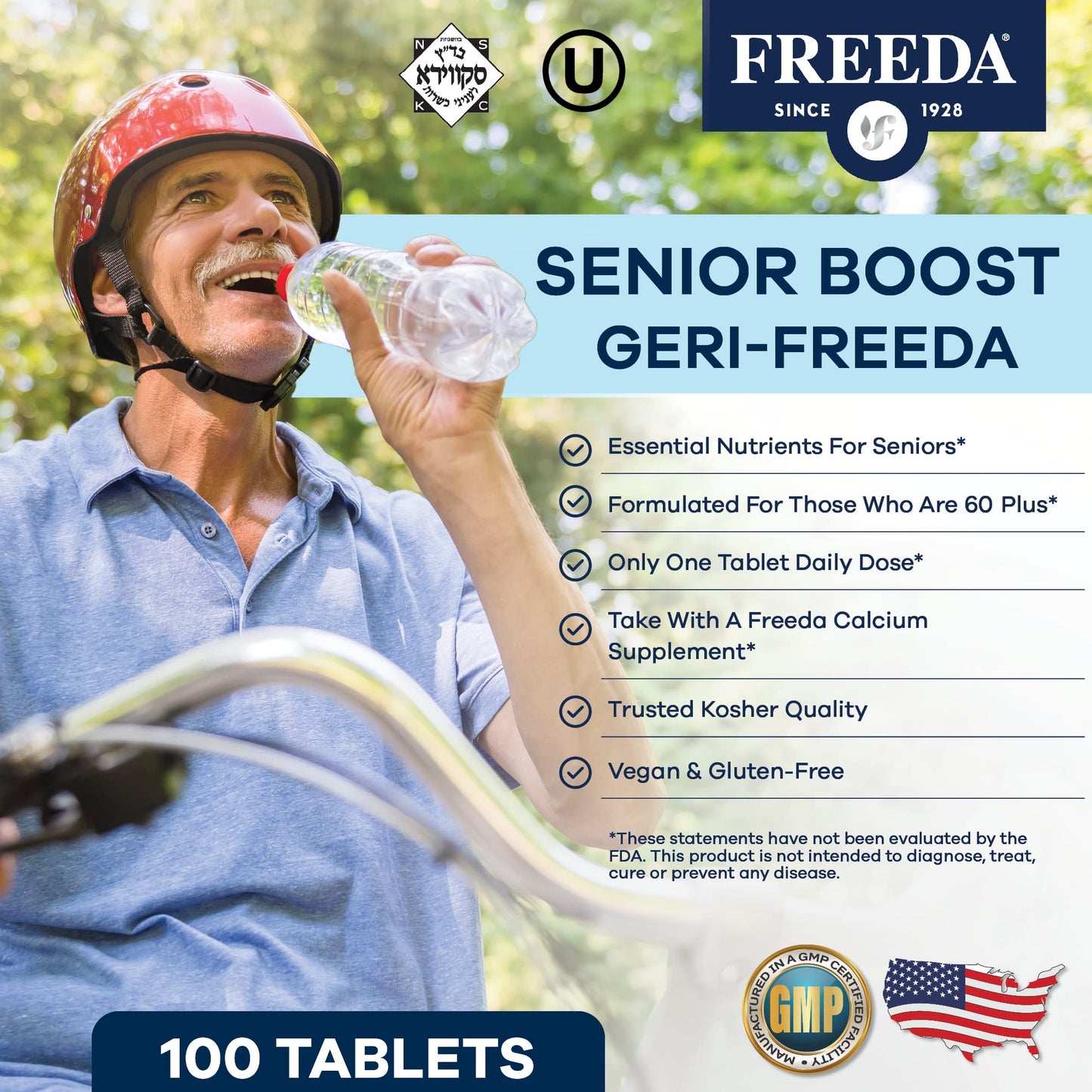 Freeda Senior Multivitamin - Kosher Vitamins for Men & Women 60 and Over - One Daily Coated Tablet - Women’s & Men’s Vitamins Multivitamin 60 Plus - Vitamins for Women Over 60 Plus Elderly (100 Count) | Kosher Senior Multivitamin with Essential Vitamins a