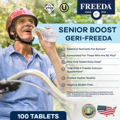 Freeda Senior Multivitamin - Kosher Vitamins for Men & Women 60 and Over - One Daily Coated Tablet - Women’s & Men’s Vitamins Multivitamin 60 Plus - Vitamins for Women Over 60 Plus Elderly (100 Count) | Kosher Senior Multivitamin with Essential Vitamins a