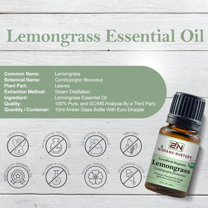 Nirvana Nurture Lemongrass Essential Oil USDA Certified Organic 100% Pure Premium Therapeutic Grade