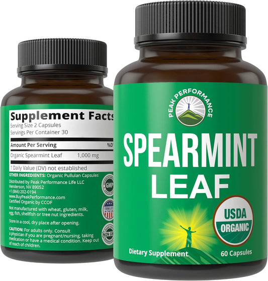 Peak Performance USDA Organic Spearmint Capsules. Organic Vegan Spearmint Leaf Pills for Digestive Support, Ingestion, and More. USA Tested Supplement for Women and Men.