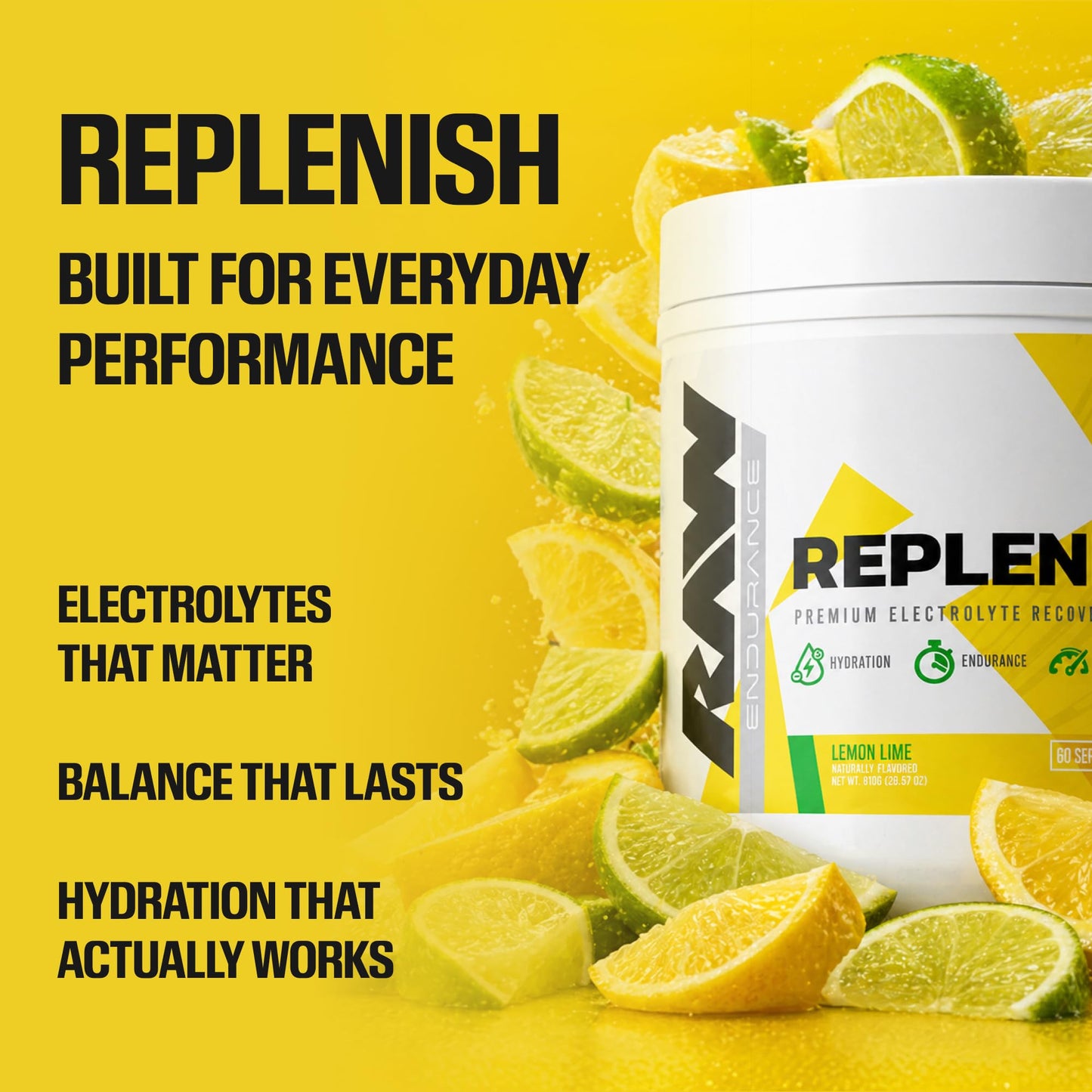 RAW Replenish, Premium Electrolytes Powder Recovery Formula, Lemon Lime (60 Servings) - Flavored Electrolyte Drink Mix Supplement for Hydration, Replenishment, Endurance & Performance Workouts