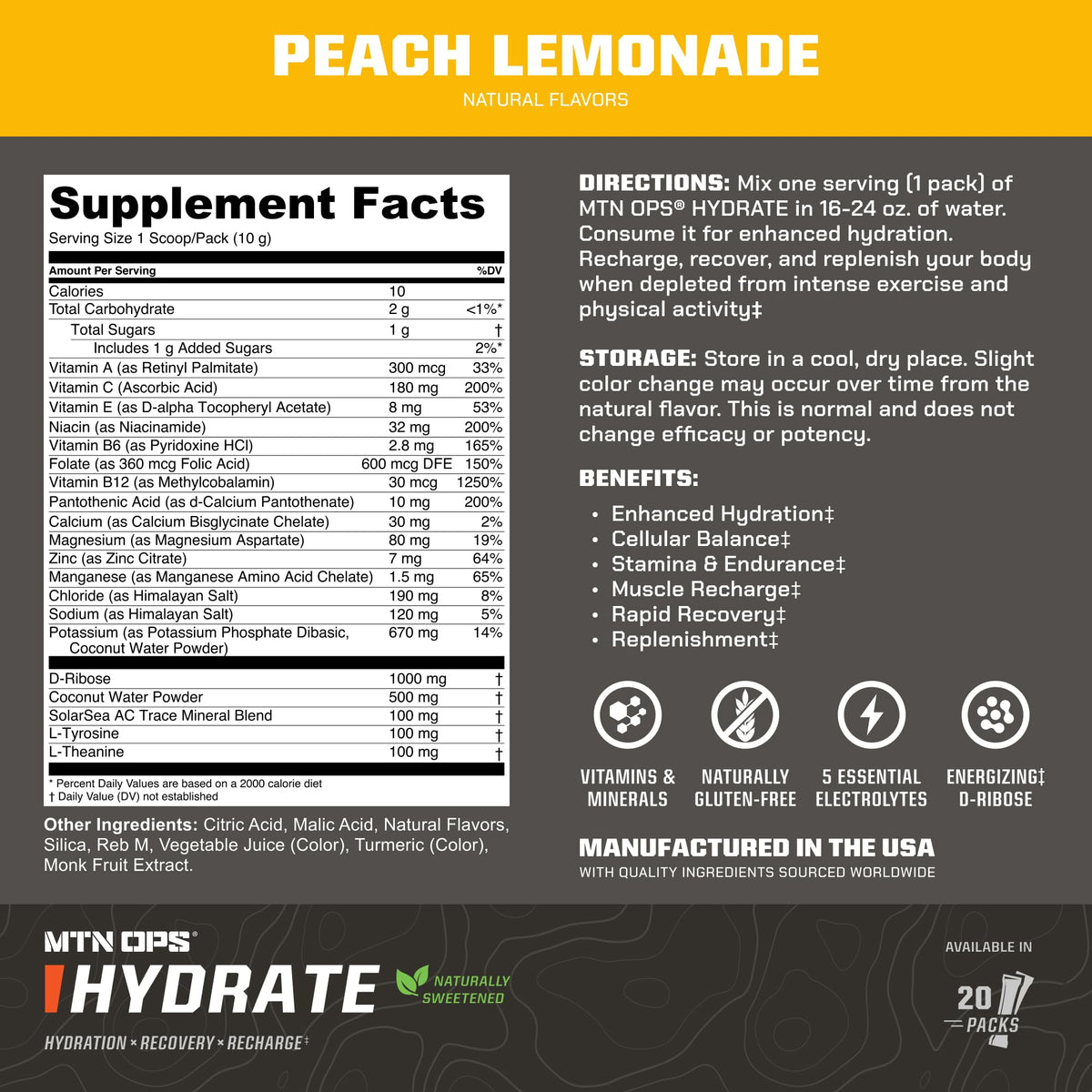 MTN OPS Hydrate Sugar Free Electrolyte Packets, Mango Peach