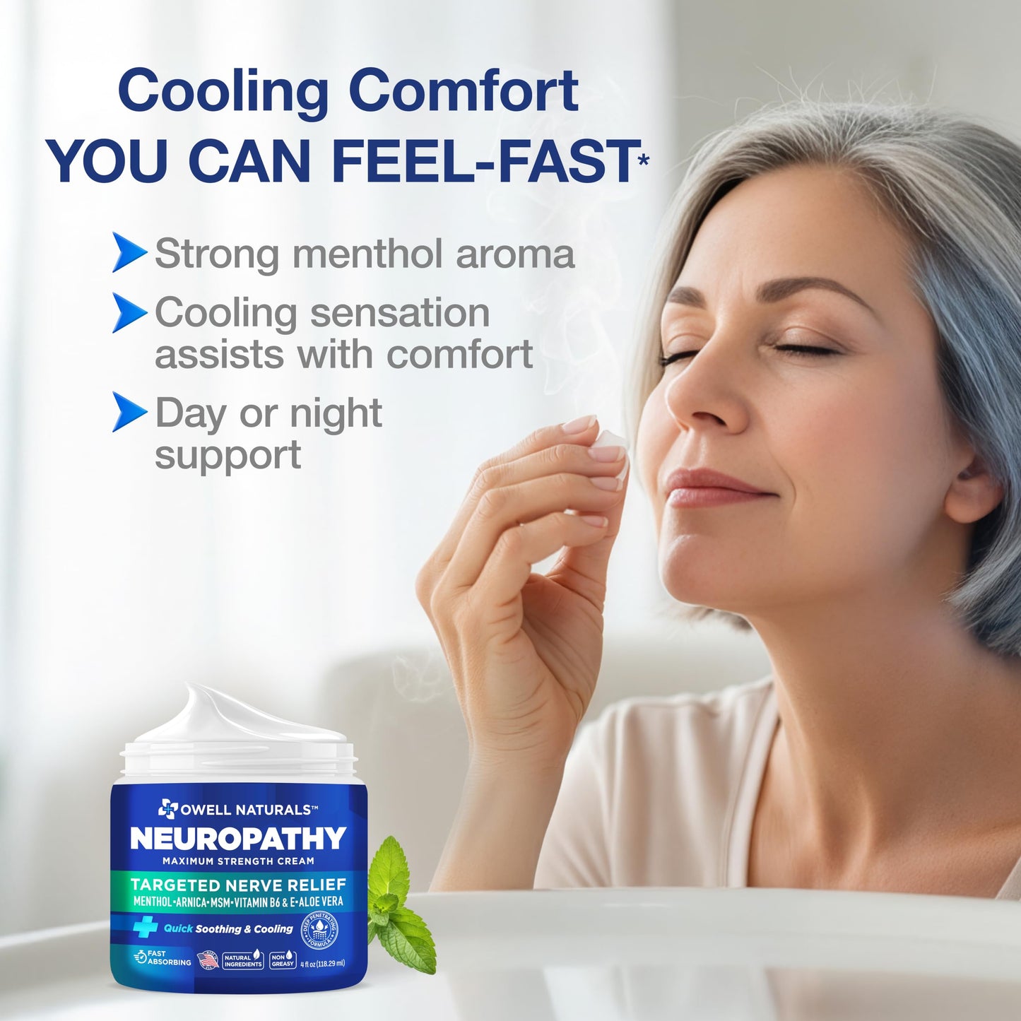 Owell Naturals Neuropathy Cream Extra Strength – Fast Absorbing Cooling for Leg, Feet & Hands – Advanced Soothing Formula with Aloe Vera, Arnica, MSM & Vitamin B6 – Made in USA, 2 fl oz