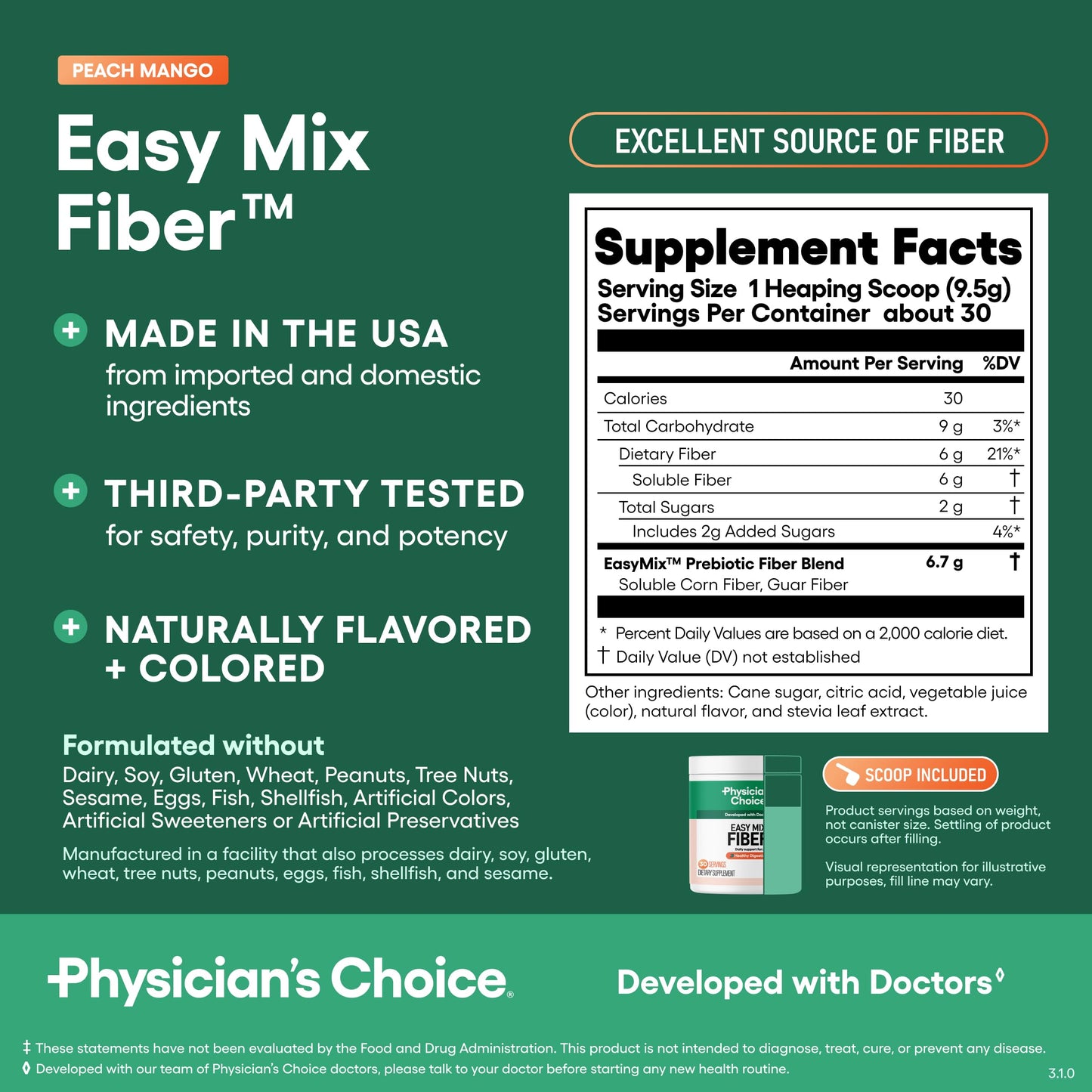 Physician's CHOICE Easy Mix Fiber for GLP-1 Support - No Grit & Sugar Free - Daily Prebiotic Soluble Fiber Powder Supplement - Digestive Health & Regularity - for Women and Men - Unflavored - 7.1oz