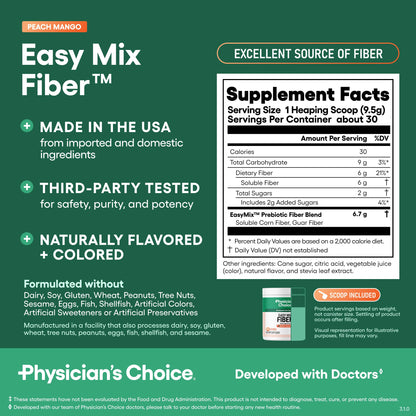 Physician's CHOICE Easy Mix Fiber for GLP-1 Support - No Grit & Sugar Free - Daily Prebiotic Soluble Fiber Powder Supplement - Digestive Health & Regularity - for Women and Men - Unflavored - 7.1oz