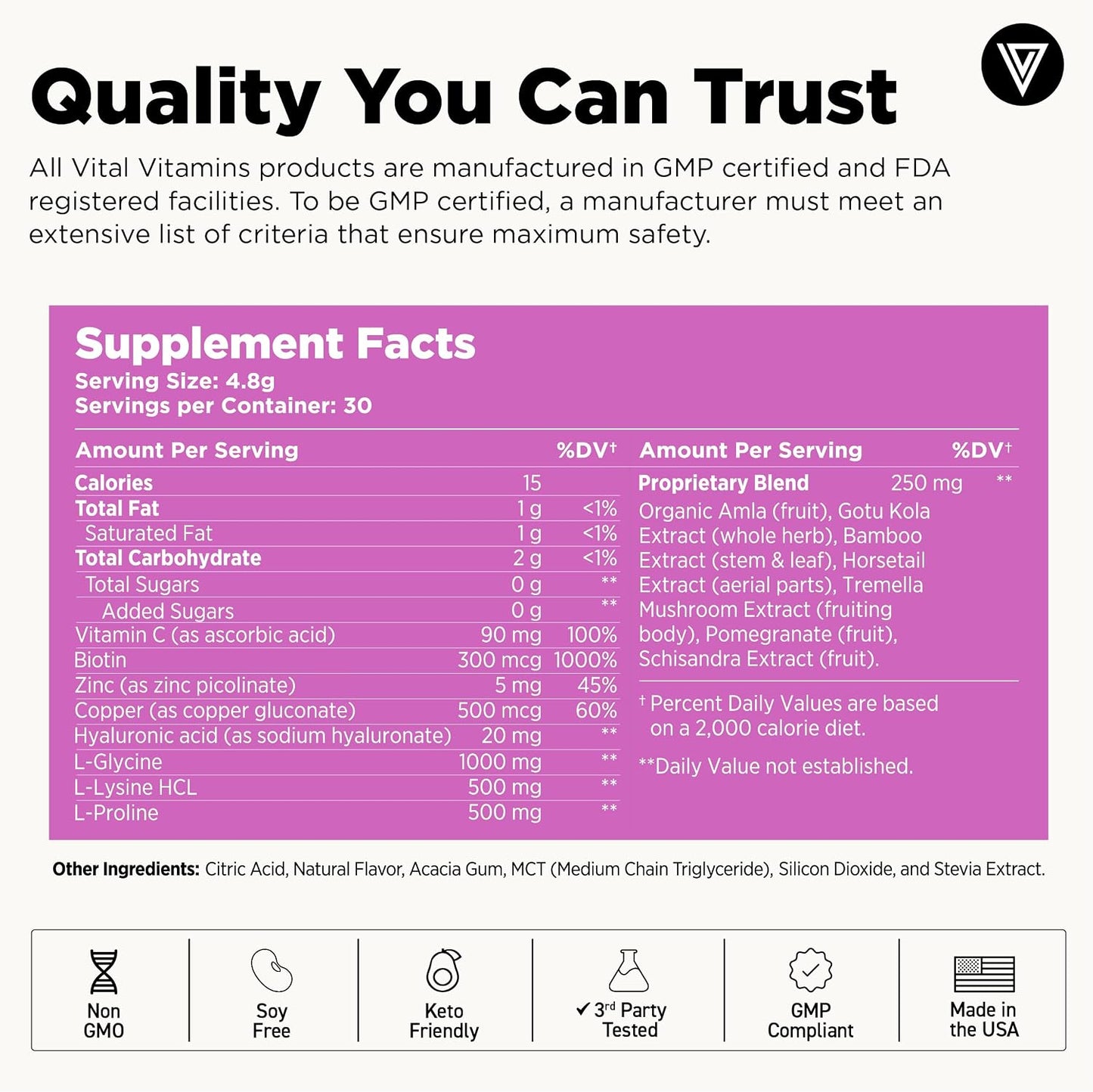 Vital Vitamins Vegan Collagen Booster Powder with Amino Acids & Vitamin C | Mango Raspberry Lemonade Flavor, Plant-Powered Collagen Support with Biotin & Hyaluronic Acid, 30 Servings