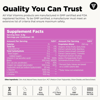 Vital Vitamins Vegan Collagen Booster Powder with Amino Acids & Vitamin C | Mango Raspberry Lemonade Flavor, Plant-Powered Collagen Support with Biotin & Hyaluronic Acid, 30 Servings