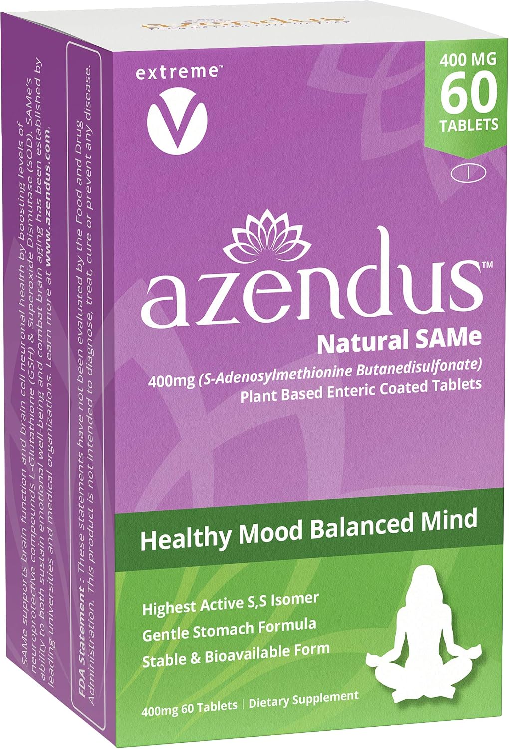 Azendus SAM-e Mood Support 400mg, 60 Count, Same Butanedisulfonate Fiber Enteric Coated Tablets