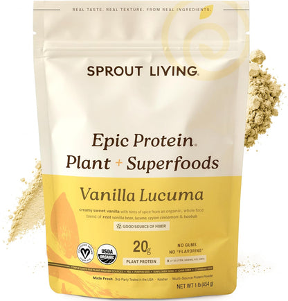 Sprout Living Epic Protein, Plant Based Protein & Superfoods Powder, Vanilla Lucuma Powder | 20 Grams Organic Protein Powder, Vegan, Non Dairy, Non-GMO, Gluten Free, Low Sugar (1 Pound, 12 Servings)