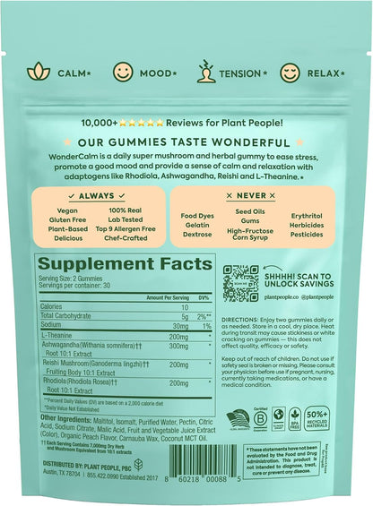 Plant People WonderCalm Mushroom & Ashwagandha Gummies, Peach Flavor 60ct