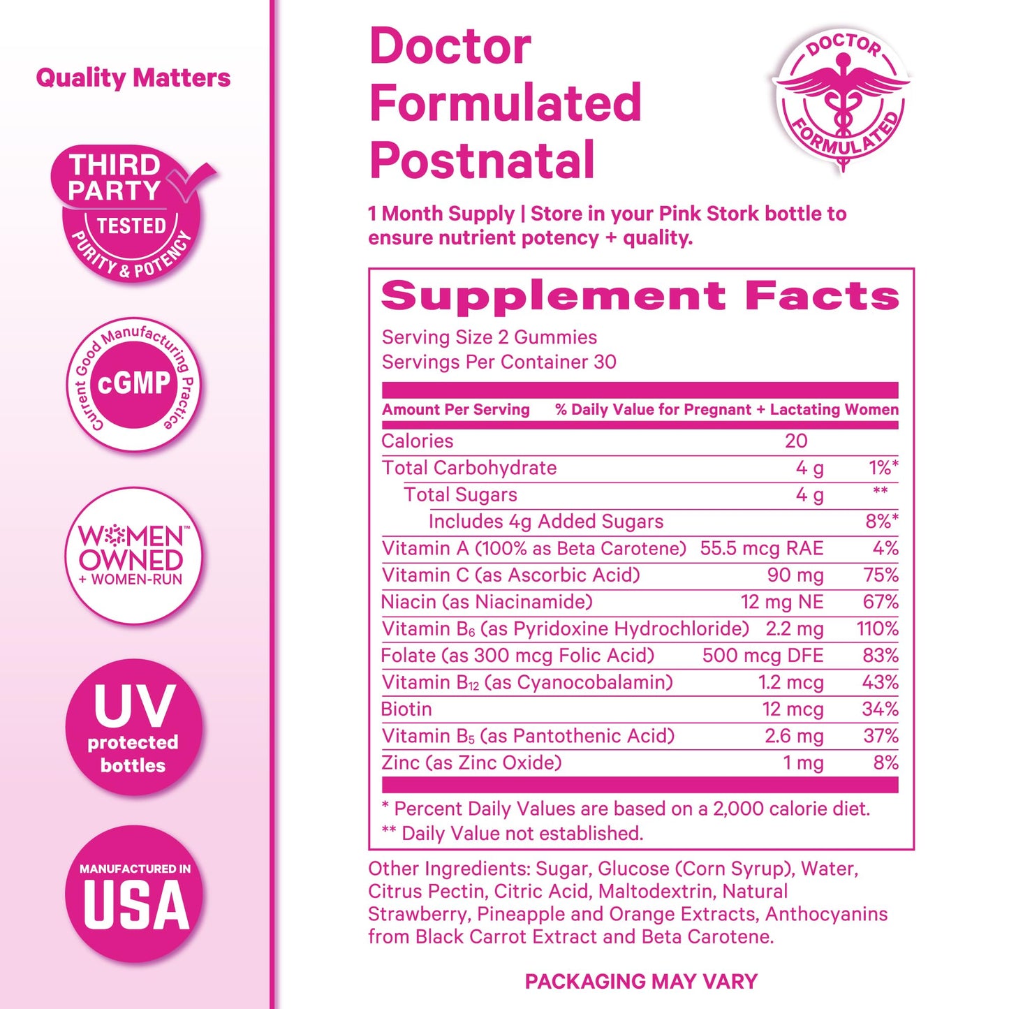 Pink Stork Total Postnatal Vitamin Gummies, 60 Count | Multivitamin for Postpartum Recovery, Lactation Support, Folic Acid, B6, Zinc, + Vitamin C, Postpartum Essentials