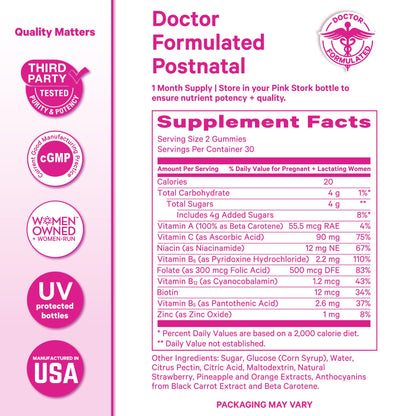 Pink Stork Total Postnatal Vitamin Gummies, 60 Count | Multivitamin for Postpartum Recovery, Lactation Support, Folic Acid, B6, Zinc, + Vitamin C, Postpartum Essentials