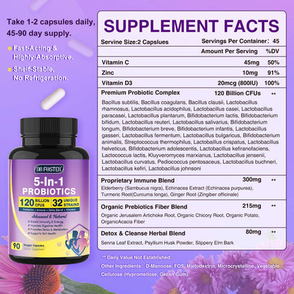 Probiotics for Women & Men Digestive Health，120 Billion CFUs, Prebiotics and Probiotics