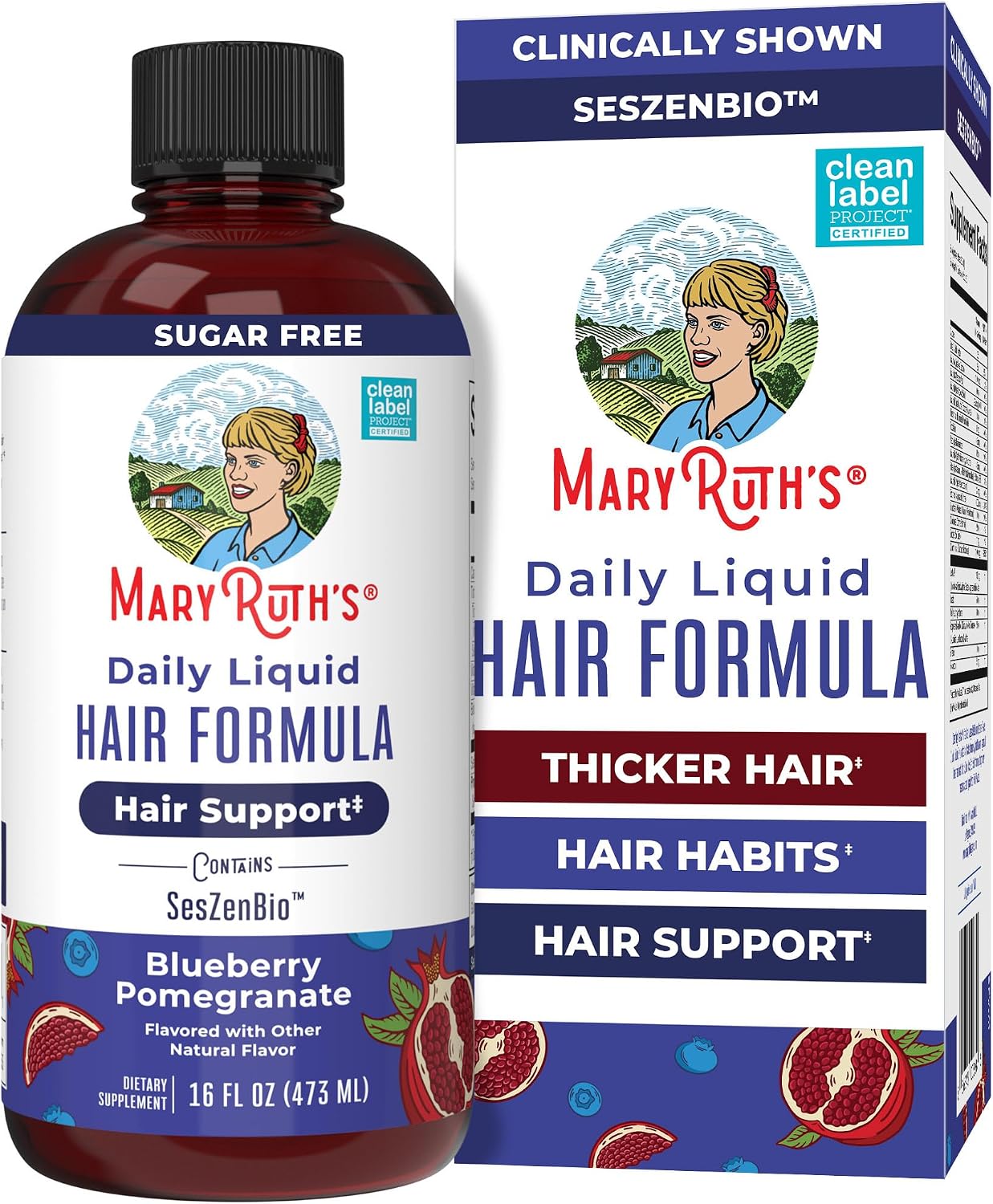 MARYRUTH'S Daily Liquid Hair Formula | With 500 mg SesZenBio™ + 2,500 mcg Biotin | Vitamin C | Thicker, Stronger Hair for Women | Hair, Skin, & Nail Health | Collagen Production | 16 Fl Oz