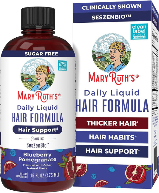 MARYRUTH'S Daily Liquid Hair Formula | With 500 mg SesZenBio™ + 2,500 mcg Biotin | Vitamin C | Thicker, Stronger Hair for Women | Hair, Skin, & Nail Health | Collagen Production | 16 Fl Oz