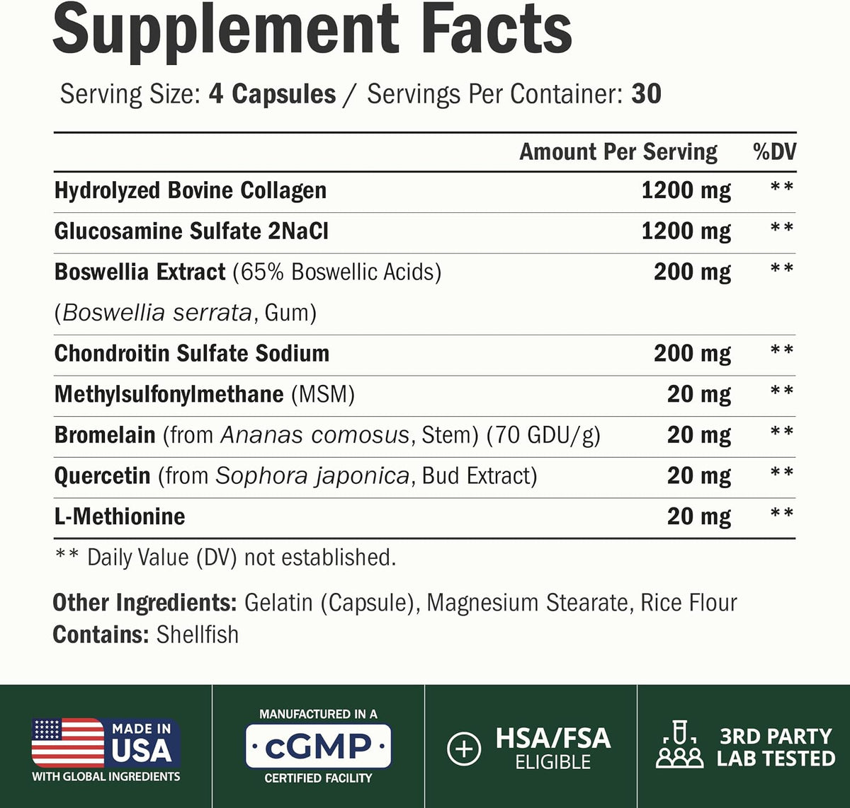 1200mg Glucosamine + 1200mg Hydrolyzed Collagen – Joint Supplement 120 Caps
