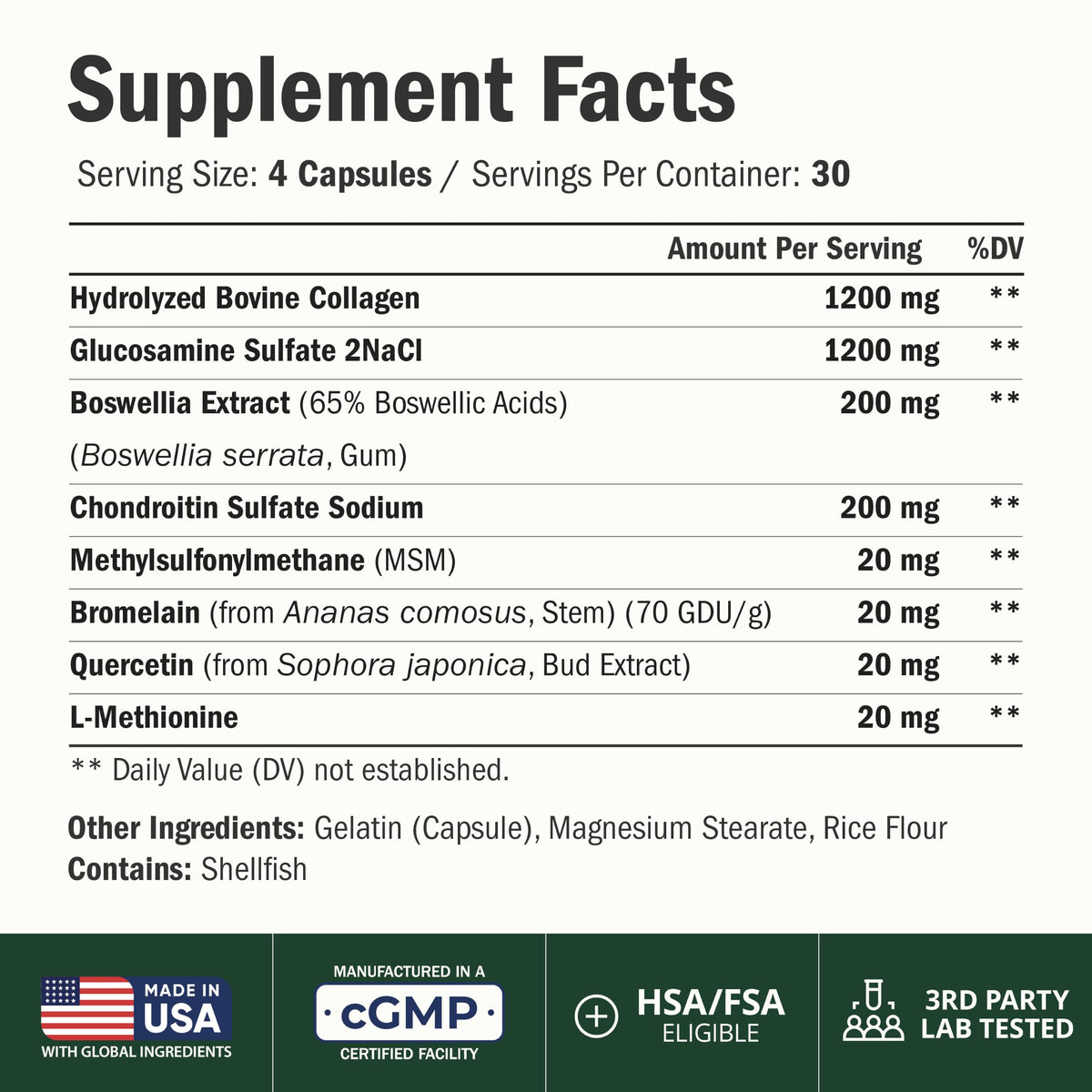 1200mg Glucosamine + 1200mg Hydrolyzed Collagen – Joint Supplement 120 Caps
