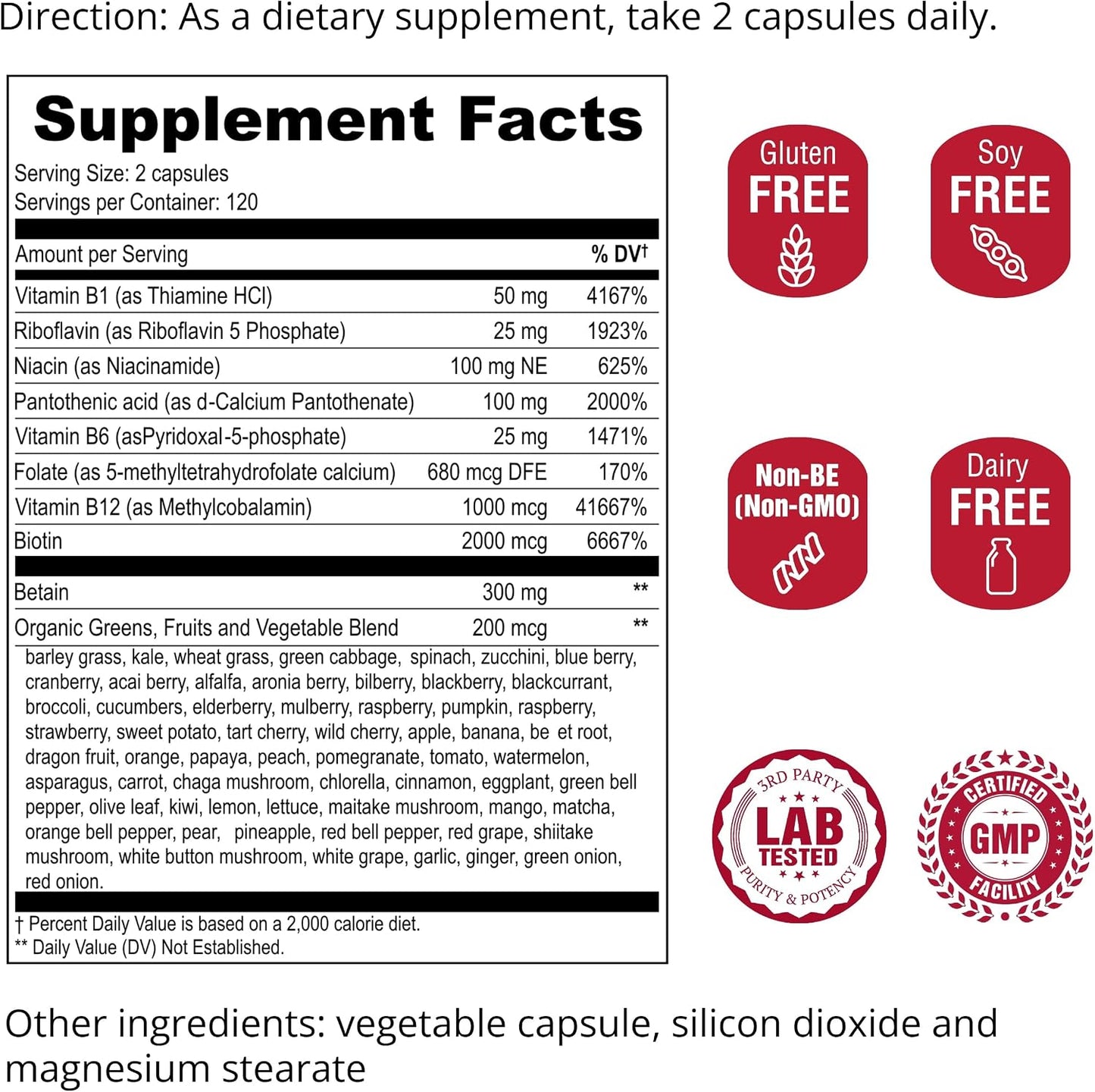 UpNourish Methylated B Complex Vitamins for Women and Men, 240 Veggies Capsules - Active Pure B Complex with Organic Fruits, Vegetables, B1 Thiamine, B2 Riboflavin, B3 Niacin, Folate, Methylcobalamin