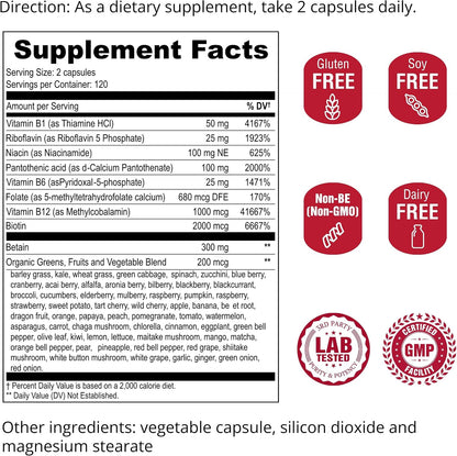 UpNourish Methylated B Complex Vitamins for Women and Men, 240 Veggies Capsules - Active Pure B Complex with Organic Fruits, Vegetables, B1 Thiamine, B2 Riboflavin, B3 Niacin, Folate, Methylcobalamin