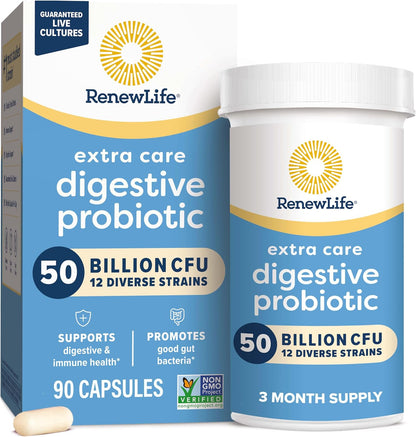 Renew Life Extra Care Digestive Probiotic 50 Billion CFU | 90 Vegetarian Capsules | Supports Digestive, Immune & Respiratory Health | Dairy, Soy and Gluten Free Supplement