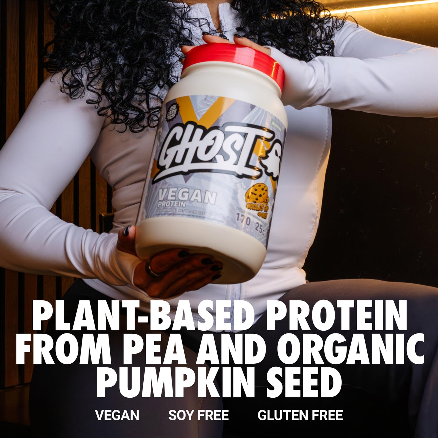 GHOST Vegan Protein Powder, Chocolate Chip Cookies – 2.9LB Tub, 25G of Protein - Plant-Based Pea & Organic Pumpkin Blend Protein with Fiber & Iron - Flavored Post Workout Shakes - Soy, Gluten Free