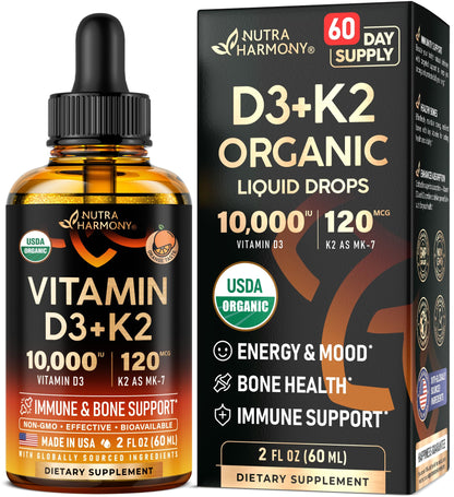 Vitamin D3 K2 USDA Organic Drops - Vitamin D3 10000 IU & K2 as MK-7 120mcg - Immune & Mood Support, Bone & Teeth Health - Sugar-Free, Orange Flavor - Liquid Supplement - 2 FL OZ, 60 Day Supply