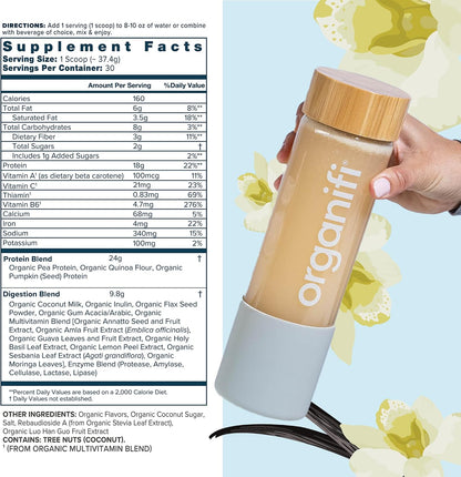 Organifi Complete Protein Vanilla Flavor - Organic Vegan Plant Based Protein Powder with Digestive Enzymes - 30 Day Supply - No Soy, Dairy, or Gluten