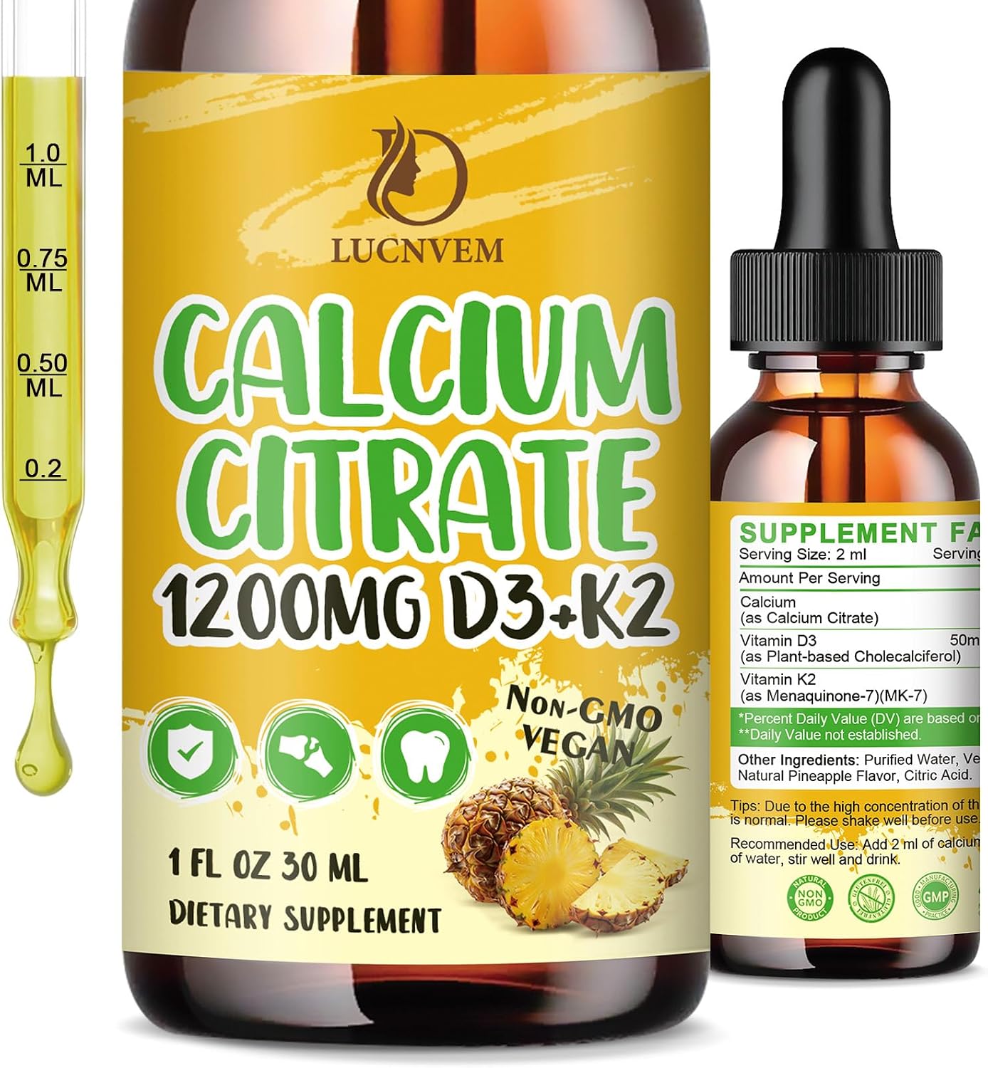 Calcium Citrate 1200 mg with Vitamin D3 Liquid Drops for Women & Men, Calcium Citrate with Vitamin D3 & K2 for Bone Muscle & Teeth- 2 Fl oz- 30 Day Vegan Supply