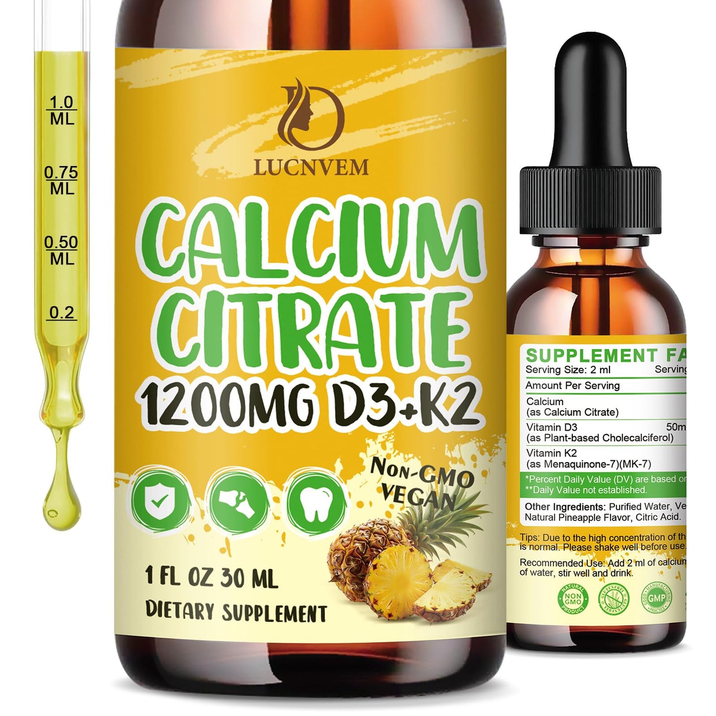 Calcium Citrate 1200 mg with Vitamin D3 Liquid Drops for Women & Men, Calcium Citrate with Vitamin D3 & K2 for Bone Muscle & Teeth- 2 Fl oz- 30 Day Vegan Supply