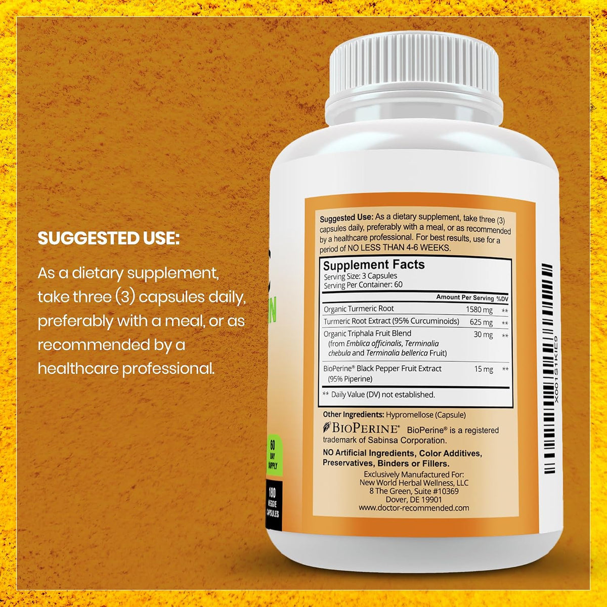 Turmeric Curcumin Supplement - 2250mg/d - Veggie Caps - 95% Curcuminoids with Black Pepper Extract (Bioperine) - 750mg Capsules - 100% Organic - Most Powerful Turmeric (180 Count)