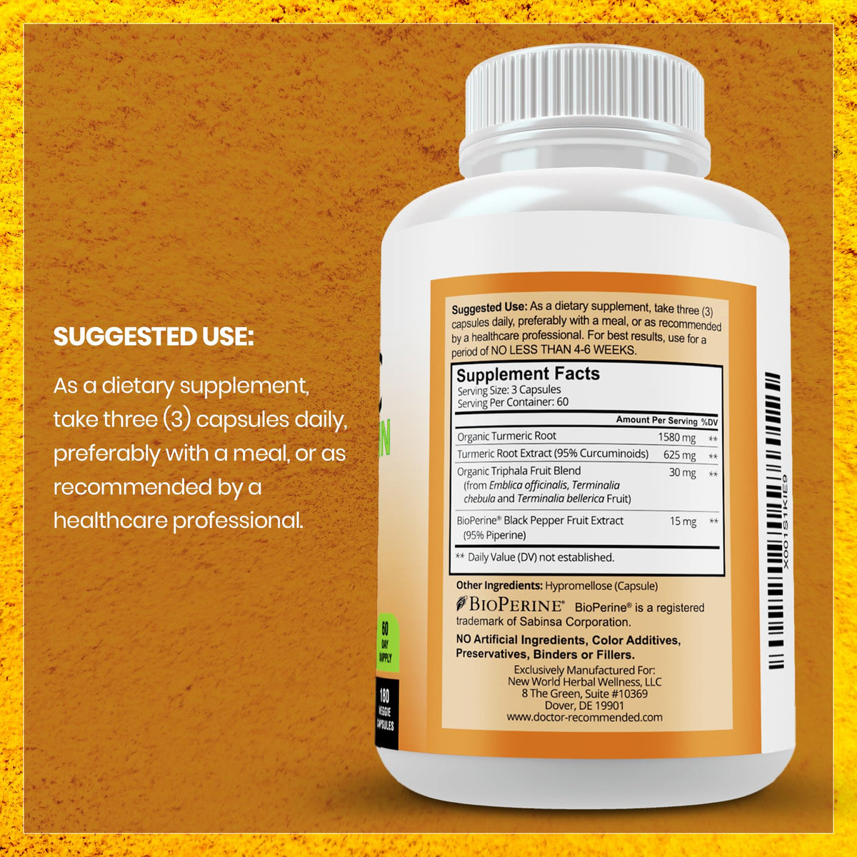 Turmeric Curcumin Supplement - 2250mg/d - Veggie Caps - 95% Curcuminoids with Black Pepper Extract (Bioperine) - 750mg Capsules - 100% Organic - Most Powerful Turmeric (180 Count)