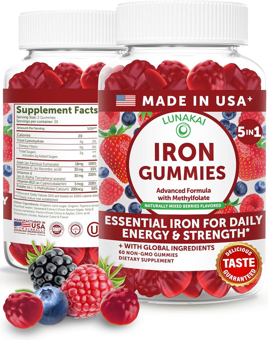 Lunakai USA Made Vegan Iron Gummies 5-in-1 with Methylfolate, Vitamin C, E & B12 - Daily Chewable Iron Supplement for Women, Men & Kids - Energy & Blood Health Support, Non-GMO, 60ct
