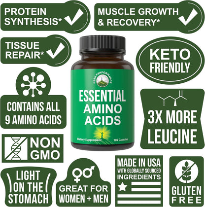 All 9 Essential Amino Acids Supplement. Capsules with 3X More Leucine for Muscle Recovery, Growth. EAA Supplement Better Than BCAA / BCAAS Branched Chain Aminos Acid. USA Tested EAAs for Men + Women